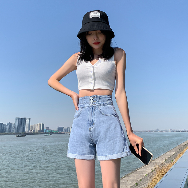 2022年新款浅蓝色修身显瘦弹力牛仔短裤女夏季白色高腰超短热裤潮