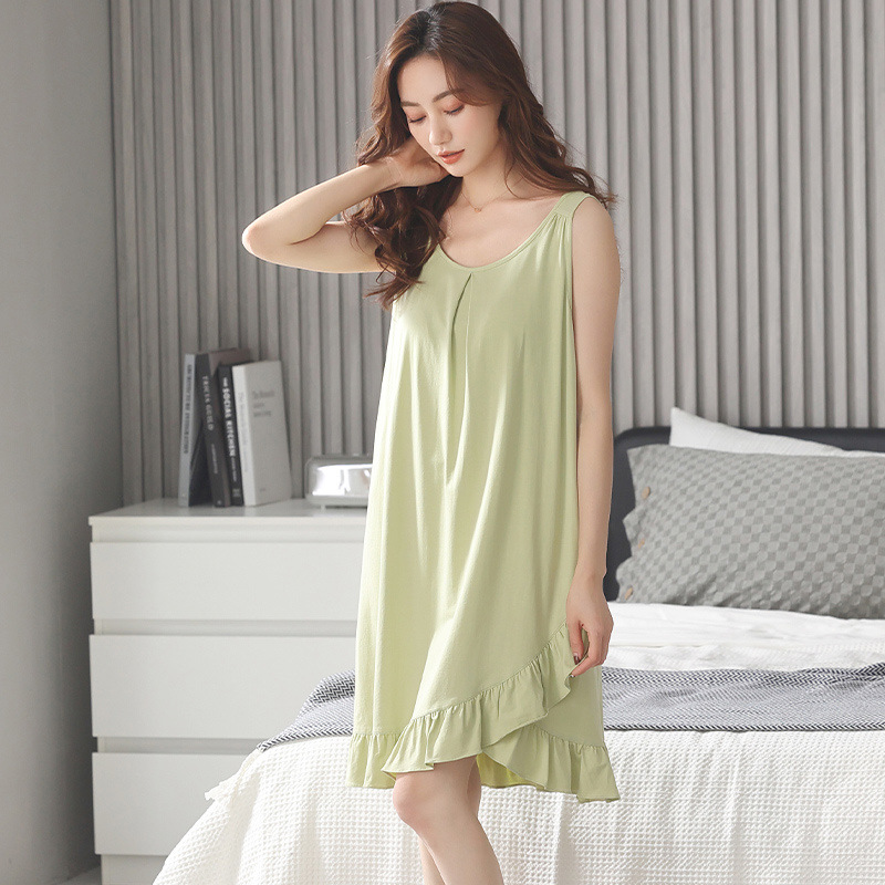 Modal Nightdress Women's Summer with Chest Pad Thin Dress High-End Sling Pajamas round Neck Pullovers Home Wear Women