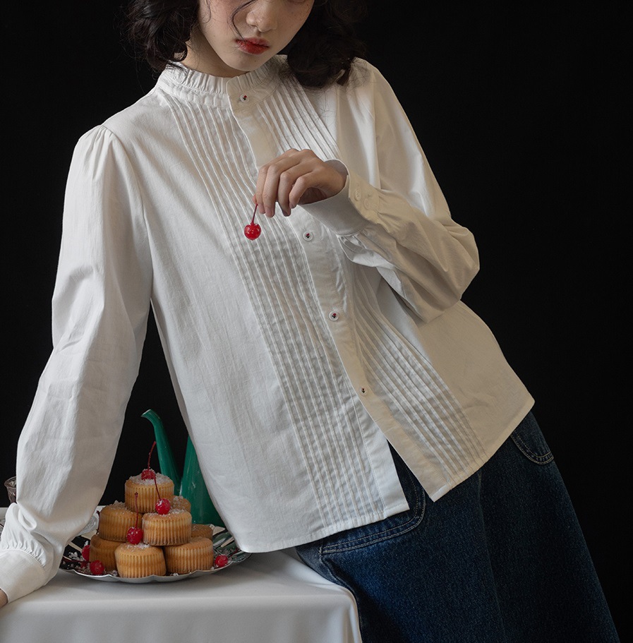llano古典风琴白衬衫复古法式盐系长袖宽松上衣白色衬衣女早春季