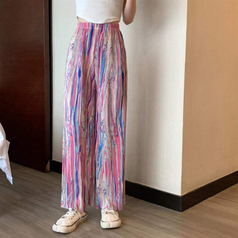 2023 Spring and Summer New Rainbow Bar Wide-Leg Pants Female Flow Color Printing Flower Ice Silk Mop High Waist Drooping Loose Straight