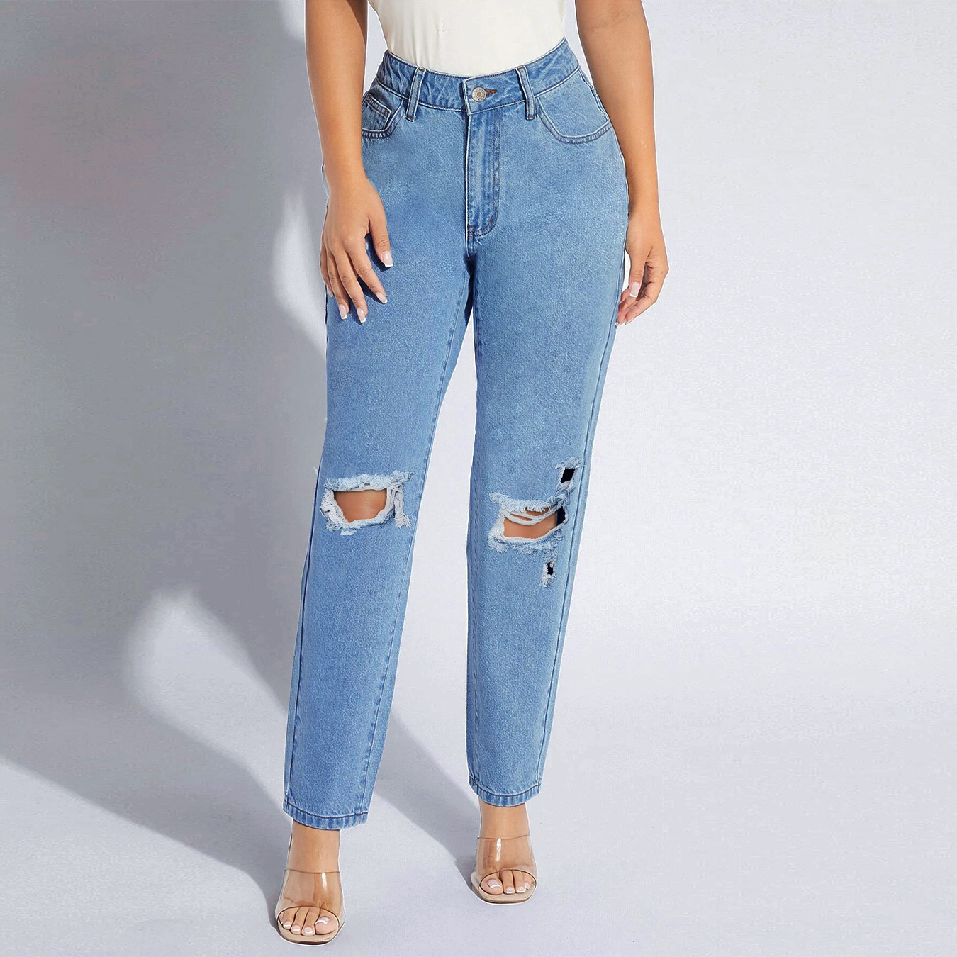 Dzt004# Europe and America Cross Border Amazon EBay AliExpress Wish plus Size Women's Ripped Denim Trousers