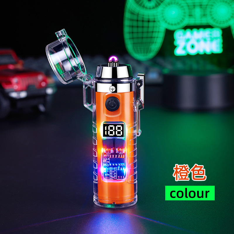 New Transparent Shell Charging Pulse Lighter Cylindrical Waterproof Arc with Flashlight Cigarette Lighter Cross-Border Supply