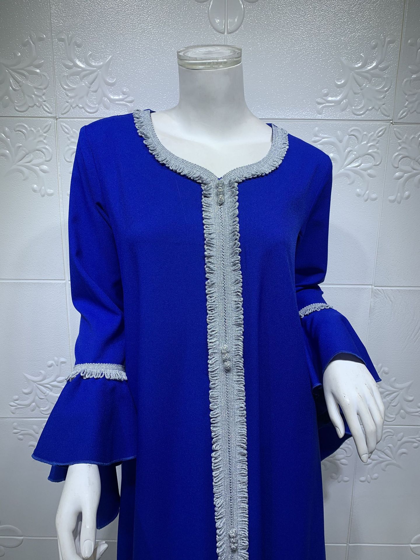 Ab027 Factory Cross-Border Middle East Malay Ruffle Sleeve Golden Embroidery Lace Dress Jalabiya Muslim Female