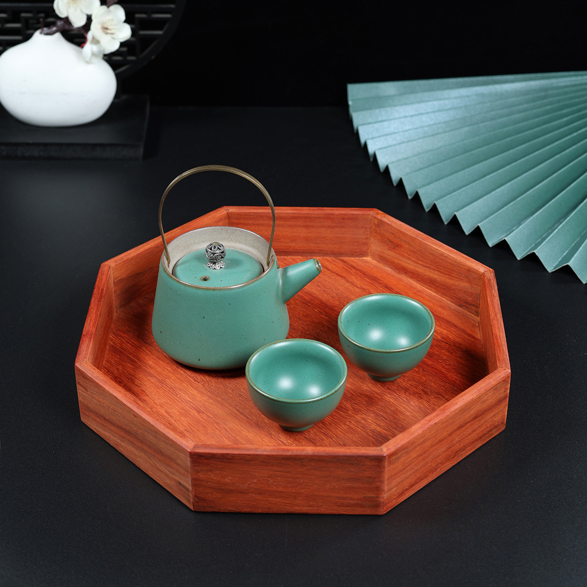 花梨木中式全榫卯桌面收纳托盘茶水盘托盘新中式八角茶盘实木质