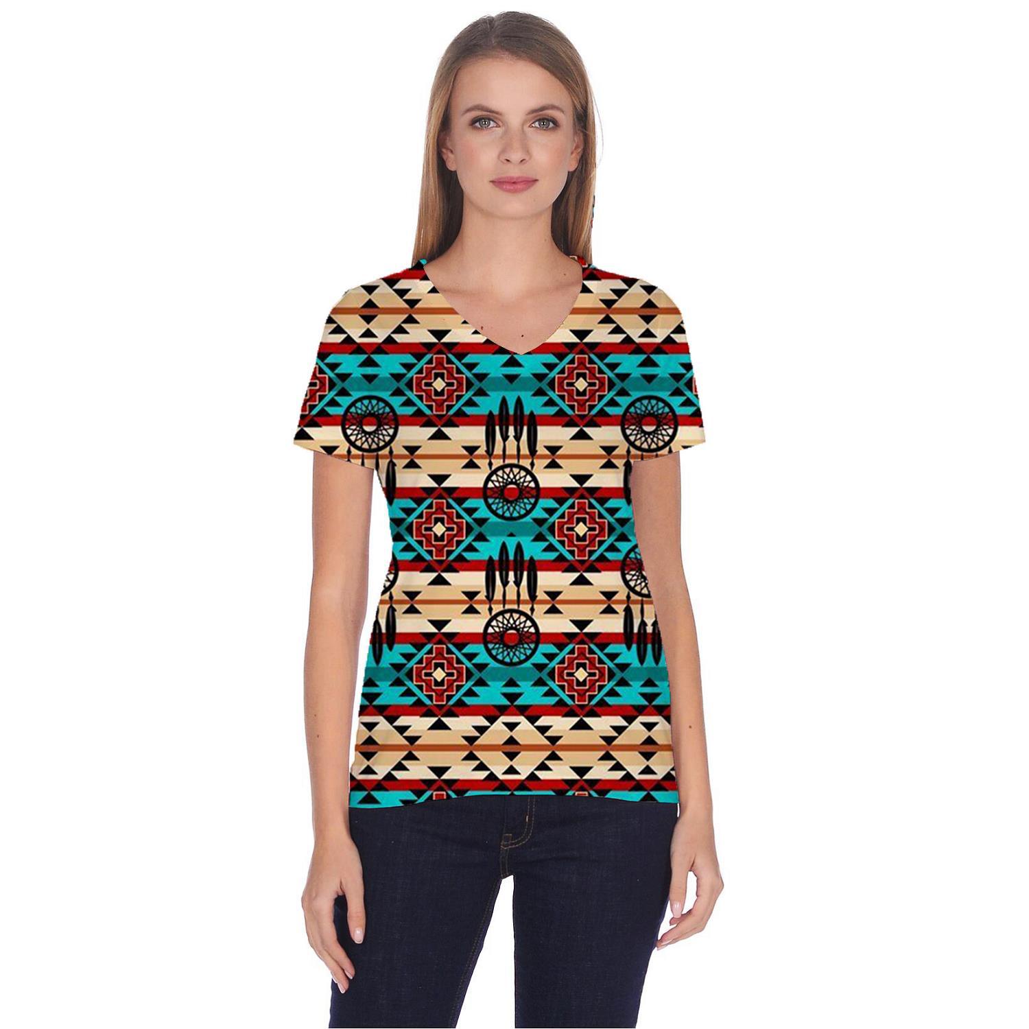 外贸简约对称图案t恤跨境波西米亚风格3d女装v领短袖新款宽松