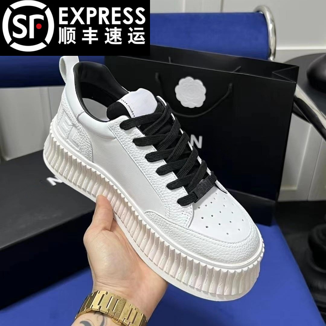 2024新款小香风松糕厚底饼干鞋真皮小白鞋女系带百搭休闲运动板鞋