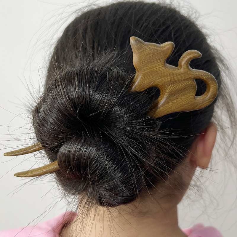 新国风气质木制可爱猫咪盘发木发簪设计款弯簪子双钗子一件代发