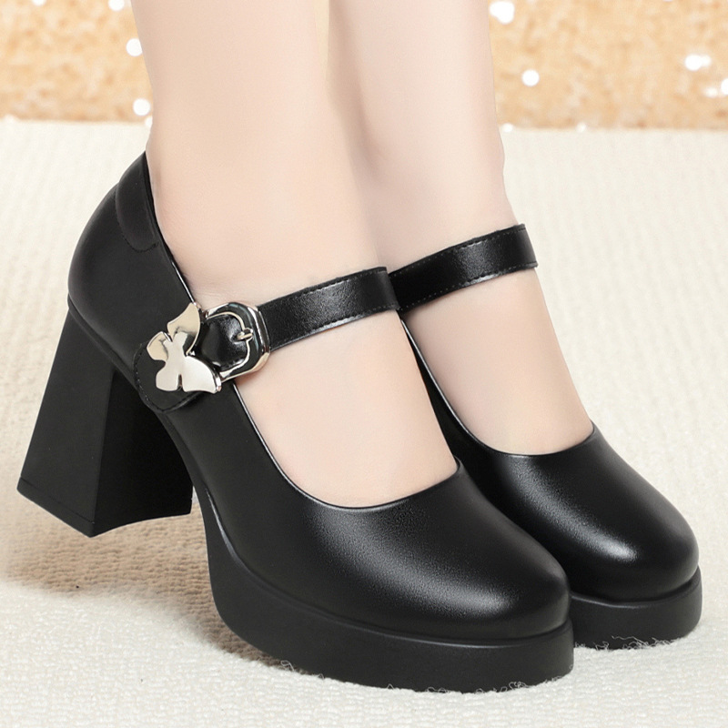 一字扣单鞋女2023秋季新款走秀皮鞋防水台玛丽珍鞋子高跟女鞋8cm