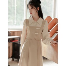 法式气质设计感拼接长袖假两件连衣裙女韩版收腰显瘦中长茶歇裙子