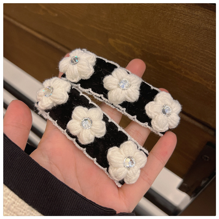 黑白经典发夹复古小香风山茶花bb夹女毛线针织发卡侧边夹网红头饰