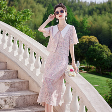 厂家直销时髦蕾丝裙子法式高级镂空面料女装翻领甜美洋气减龄套装