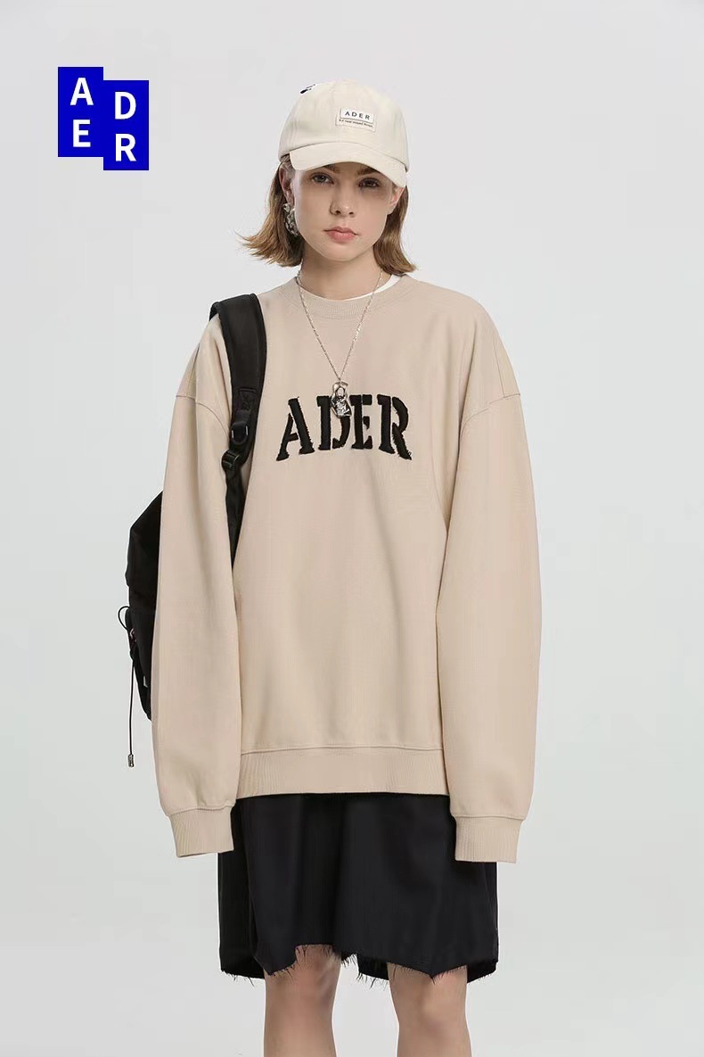 韩国ader春款卫衣女牛仔贴布绣立体字母ae纯色圆领上衣情侣长袖潮
