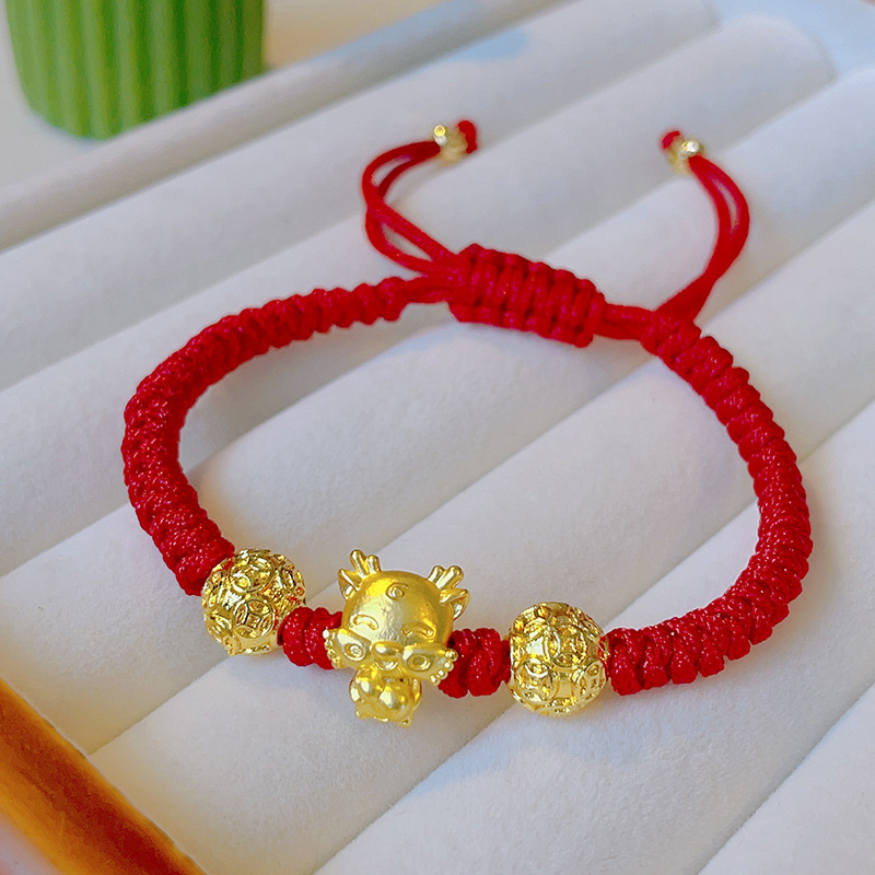 Year of Birth Five Fu Dragon Bracelet Female Woven Red Rope Zodiac Dragon Ball Bracelet Small Golden Dragon Year Tiger Gift