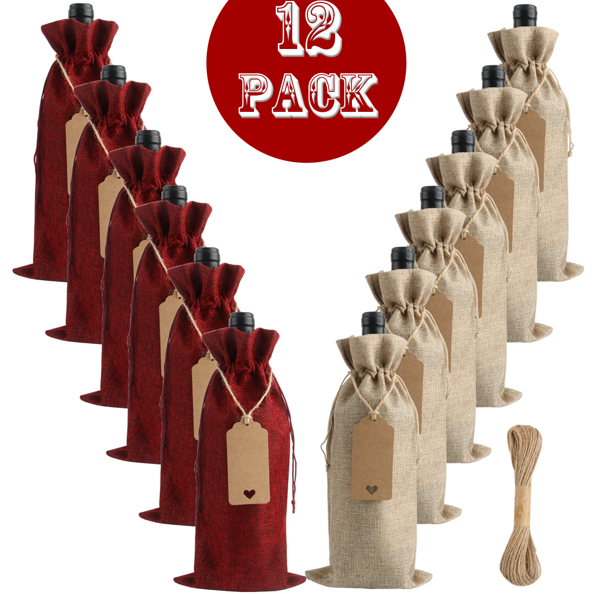 Amazon Hot Sale Linen Drawstring Bag 12PCs Linen Red Wine Bag Set Tag