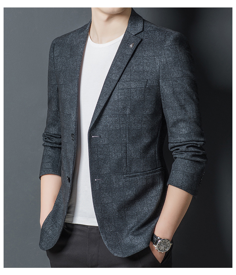 老爷车男士西服秋冬新款商务休闲羊毛格子西装外套男单西上衣男装