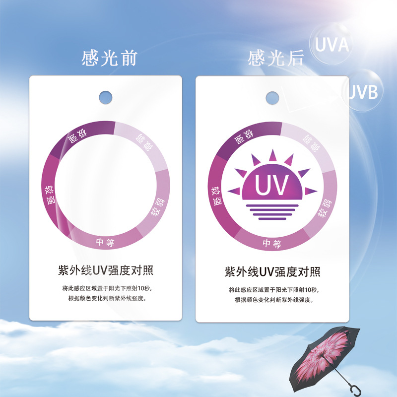 厂家紫外线吊牌UPF50+吊牌防晒衣感光变色太阳伞紫外线测试卡