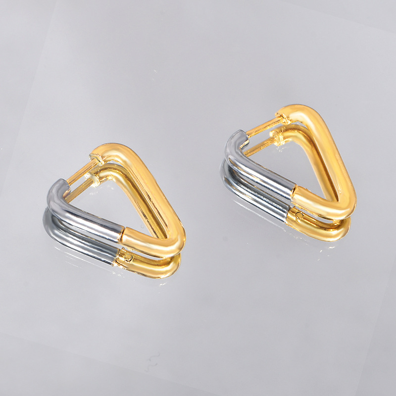 真空镀真金耳饰品新款金间银三角形耳环时尚气质耳环高级感女士