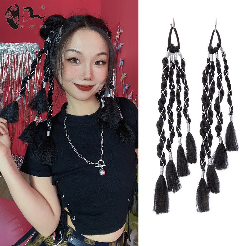 假发马尾时尚辣妹手编银绳三股辫扭扭小辫子网红抖音吸粉拍照神器