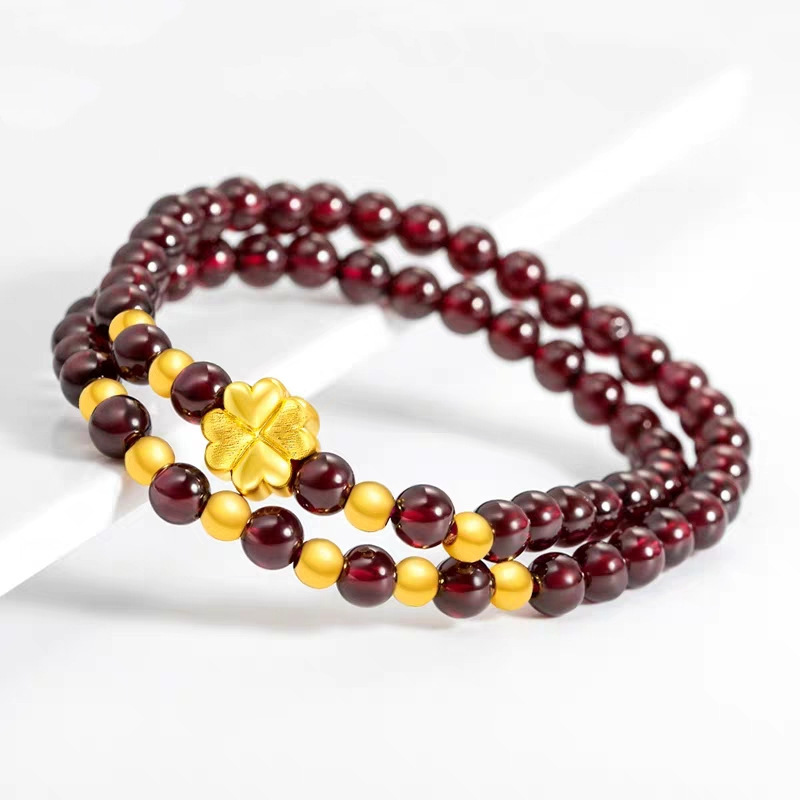 镀金貔貅手链女仿黄金石榴石手串女士招财金珠四叶草转运珠3d硬金