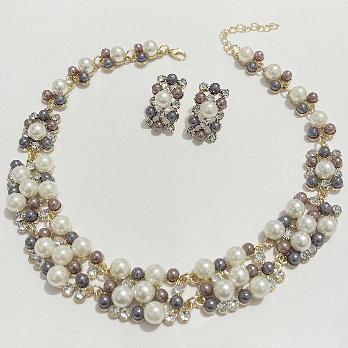 European and American Fashion Imitation Pearl Rhinestone Short Bridal Necklace Stud Earrings Set High Sense Wedding Jewelry N2851