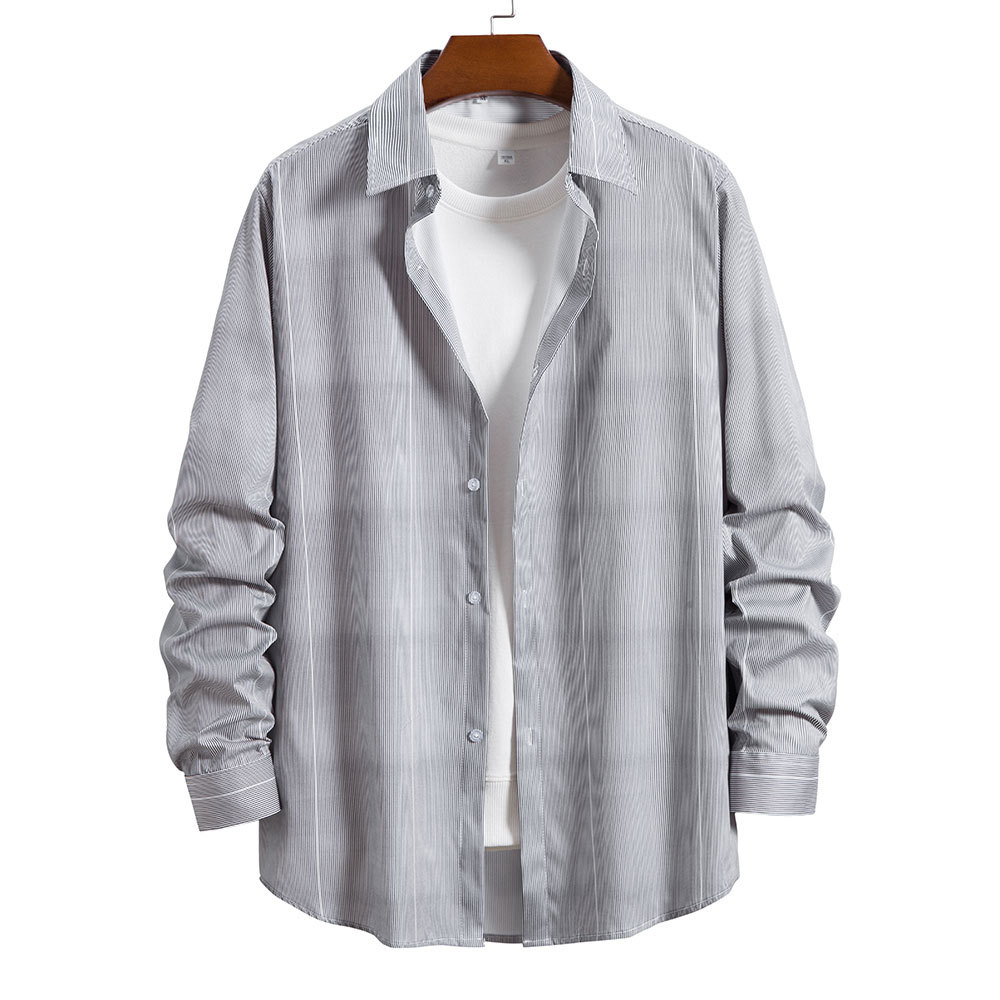 2021春秋外贸新款男士休闲宽松衬衫跨境欧码男装灰色条纹衬衫外套