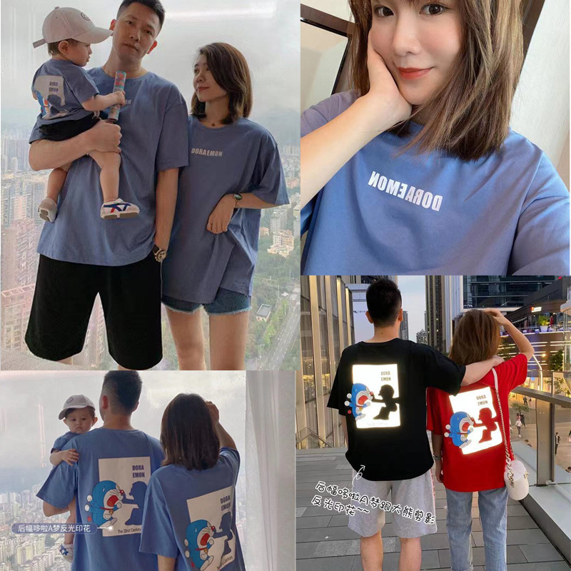 韩衣素l妈 亲子装短袖t恤反光印花母子装一家三口洋气夏新款亲子t