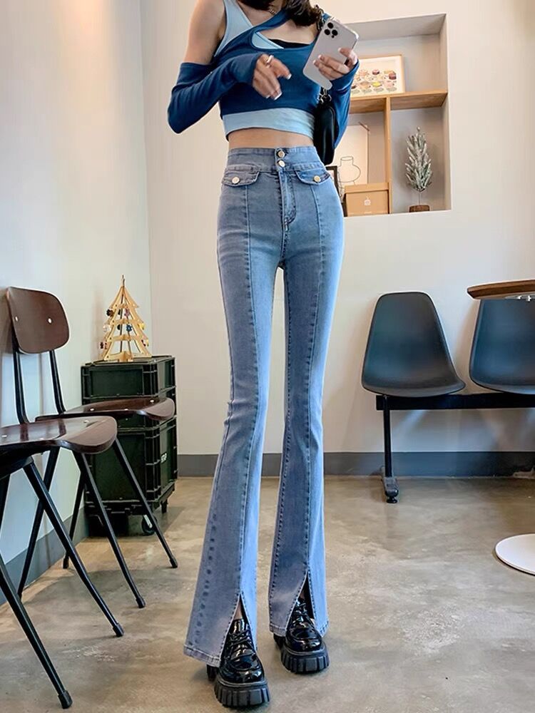 小个子新款高腰双扣开叉牛仔裤女2022春夏时尚百搭微喇叭裤长裤