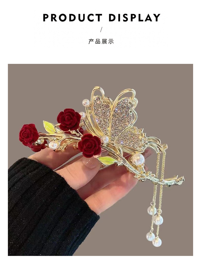 Antique Red Rose Tassel Hairpin Female Good-looking Updo Banana Clip Grip Back Head Shark Clip Balls Clip