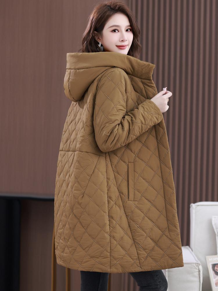 菱形格羽绒棉服女中长款2024年冬季中年妈妈宽松大码加厚外套