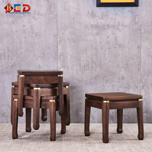 新中式黑胡桃木凳子实木小板凳家用客厅茶几凳矮凳方凳黄铜换鞋凳