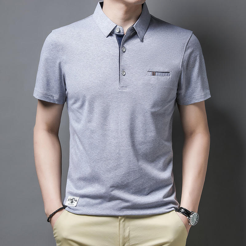 2022新款夏季翻领t恤男短袖时尚纯色真口袋polo衫中年带领半袖t恤