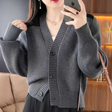 时尚韩版V领百搭灰色女士毛衣开衫外套2023宽松长袖拼色针织上衣