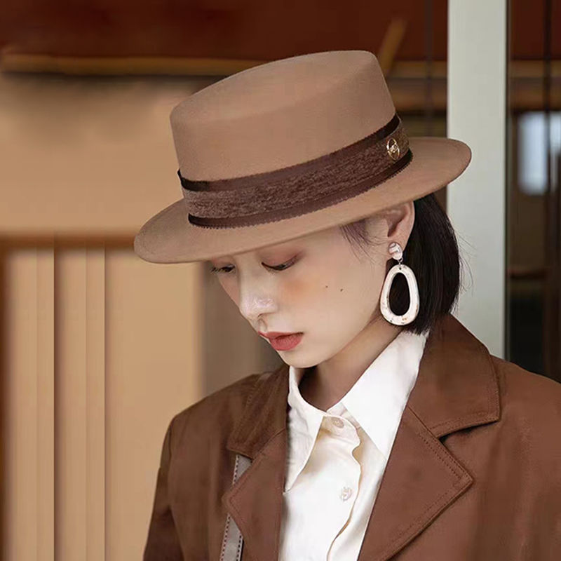 法式时尚新款秋冬百搭优雅复古平顶礼帽女时尚羊毛毡帽子女款呢料