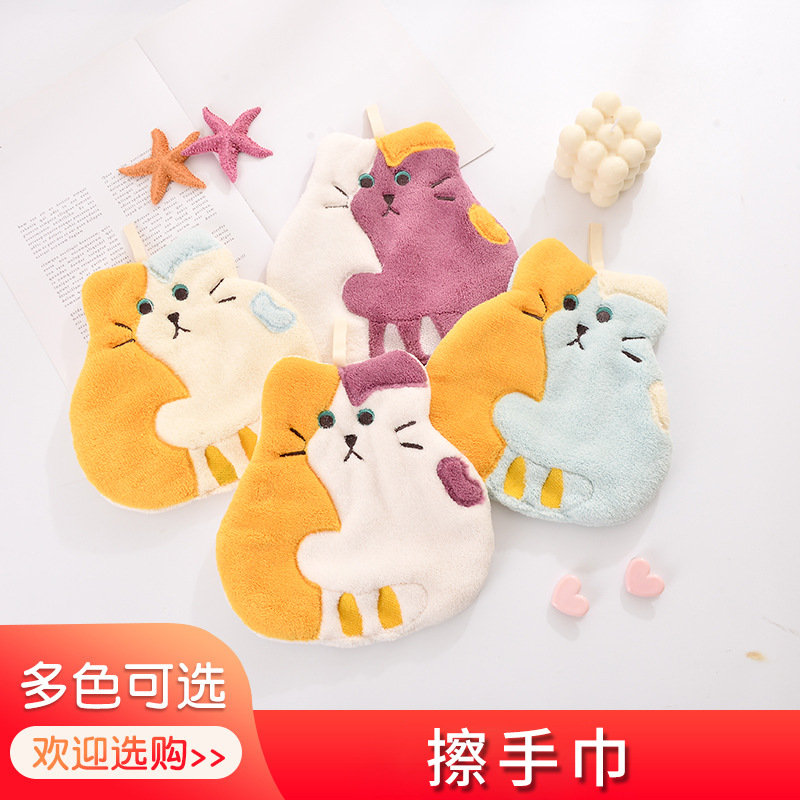 Hand Towel Hanging Cute Kitten Absorbent Lint-Free Home Cartoon Hand Towel Quick-Drying Handkerchief