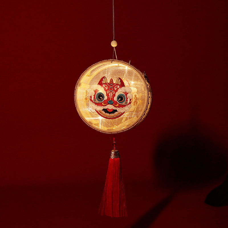 双面刺绣醒狮灯笼古风手提花灯发光风复古元宵节高透圆形宫灯