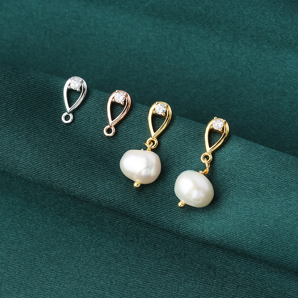 s925纯银镀金色光面水滴简约镶锆石耳钉耳饰珍珠耳钉手作材料配件