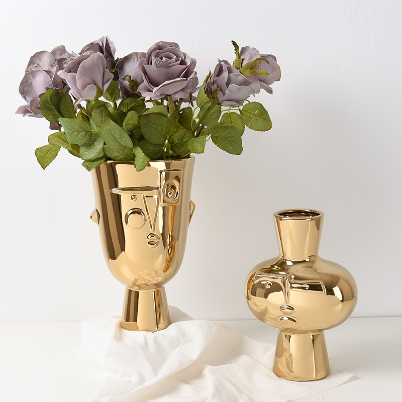 Ceramic Vase Electroplated Gold Creative Abstract Face Dried Flower Flower Flower Arrangement Model Room Decoration