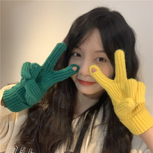 韩国克莱因蓝毛线针织可爱手套冬季女骑车保暖可触屏露手指头分指