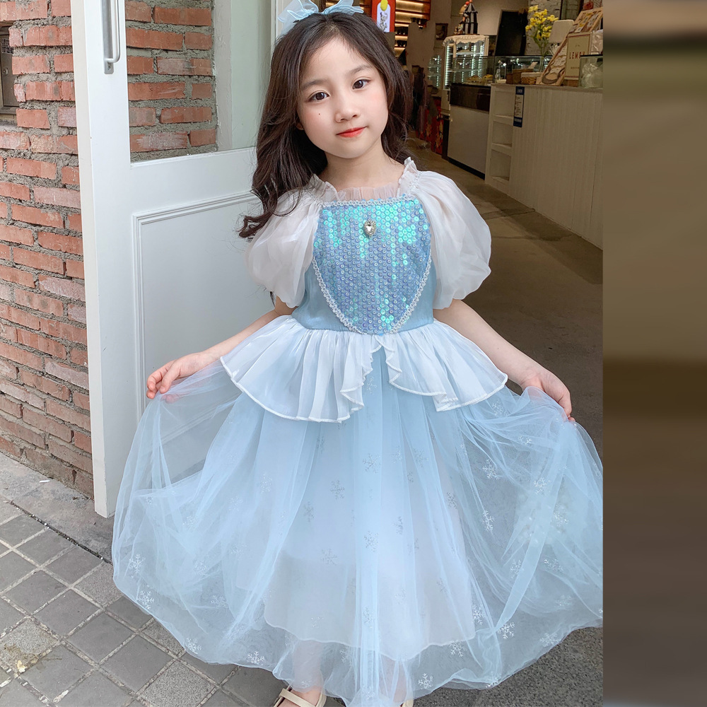 儿童连衣裙夏季女童泡泡袖爱莎公主裙洋气女孩人鱼姬亮片蓬蓬纱裙