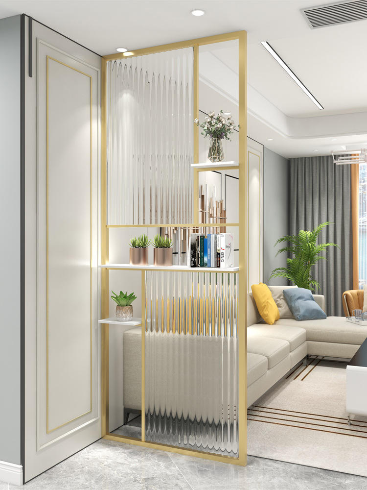 现代简约屏风隔断长虹玻璃铁艺金属轻奢入户客厅不锈钢玄关柜格栅