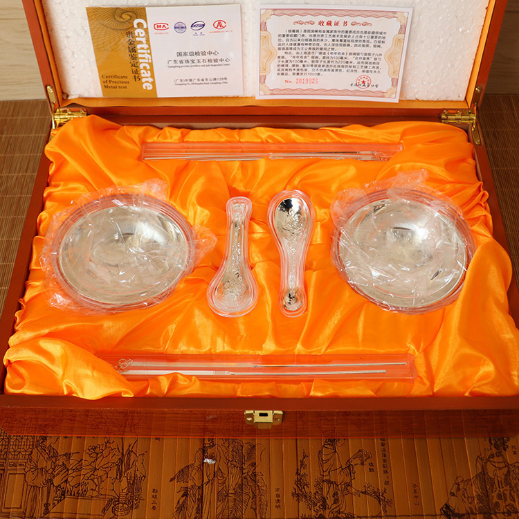 新五福临门银碗六件套包装盒勺子银筷子套装木盒镂空礼品盒珍藏款