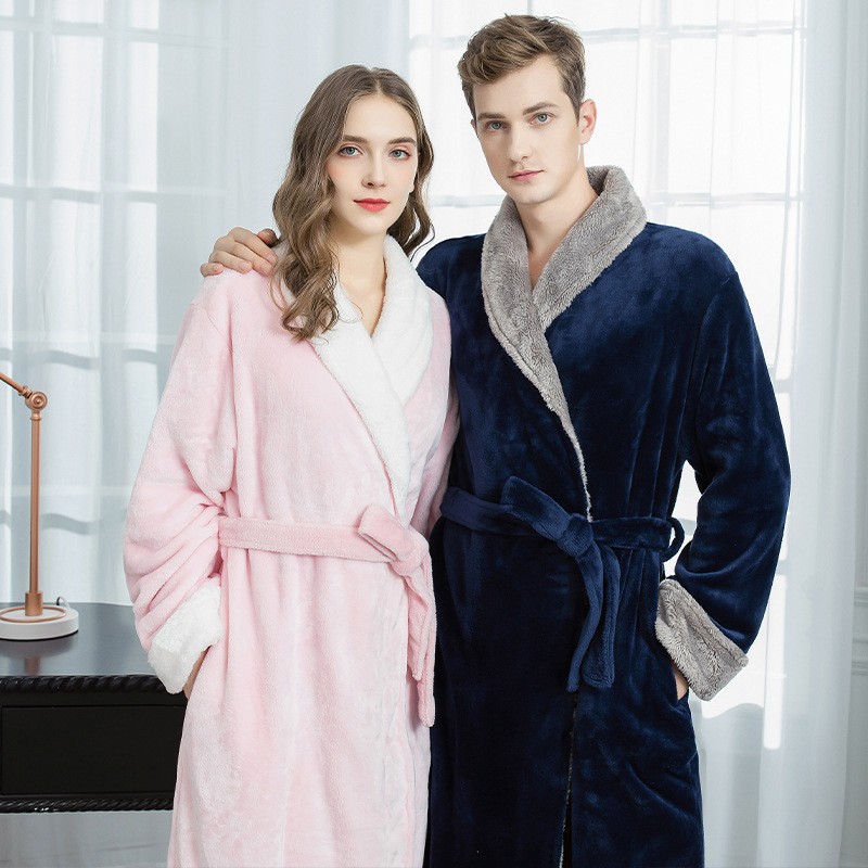 Autumn and Winter Flannel Nightgown Fleece-lined Thickened Couple Men's Long Pajamas Women's Cute Loungewear Wholesale