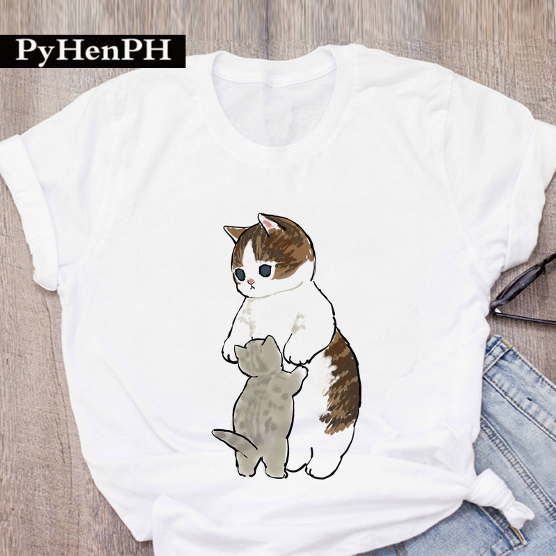 新款女装可爱猫咪印花t恤女洋气大码短袖情侣装闺蜜装亲子儿童t恤