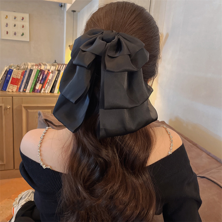 Three-Layer Oversized Black Bow on the Run Princess Bowknot Grip Back Head Height Ponytail Clip Hair Accessories Top Clip