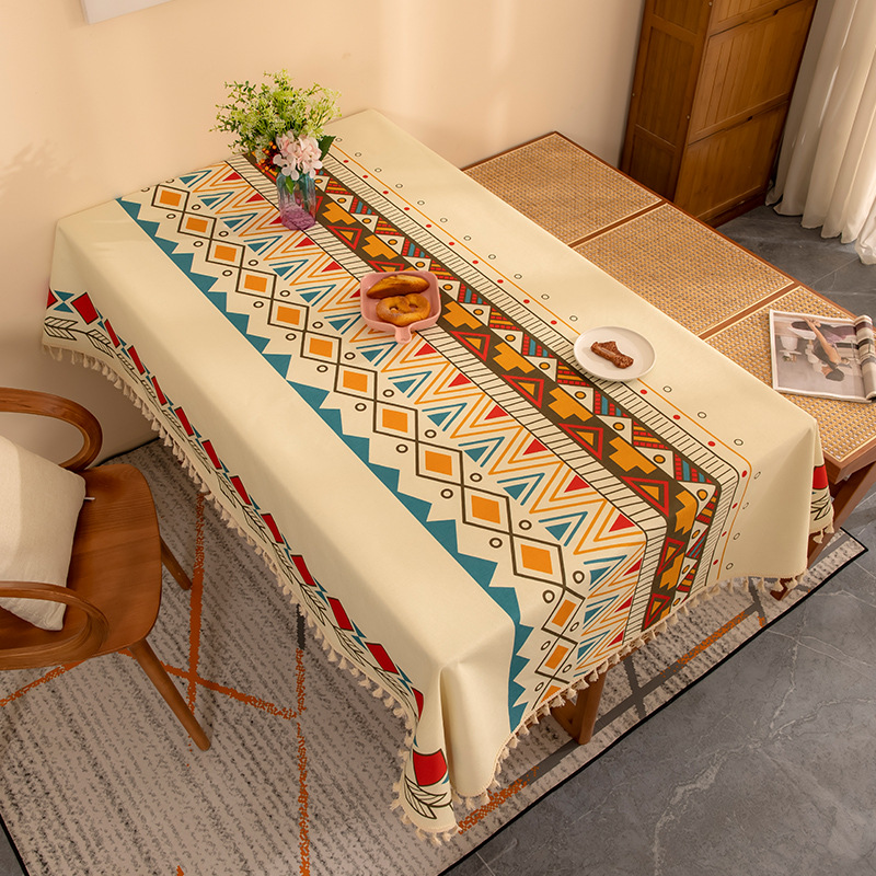 Cotton and Linen Fabrics Tablecloth Waterproof Bohemian Style Household Rectangular Tassel Tablecloth Ins Style Plaid Tablecloth