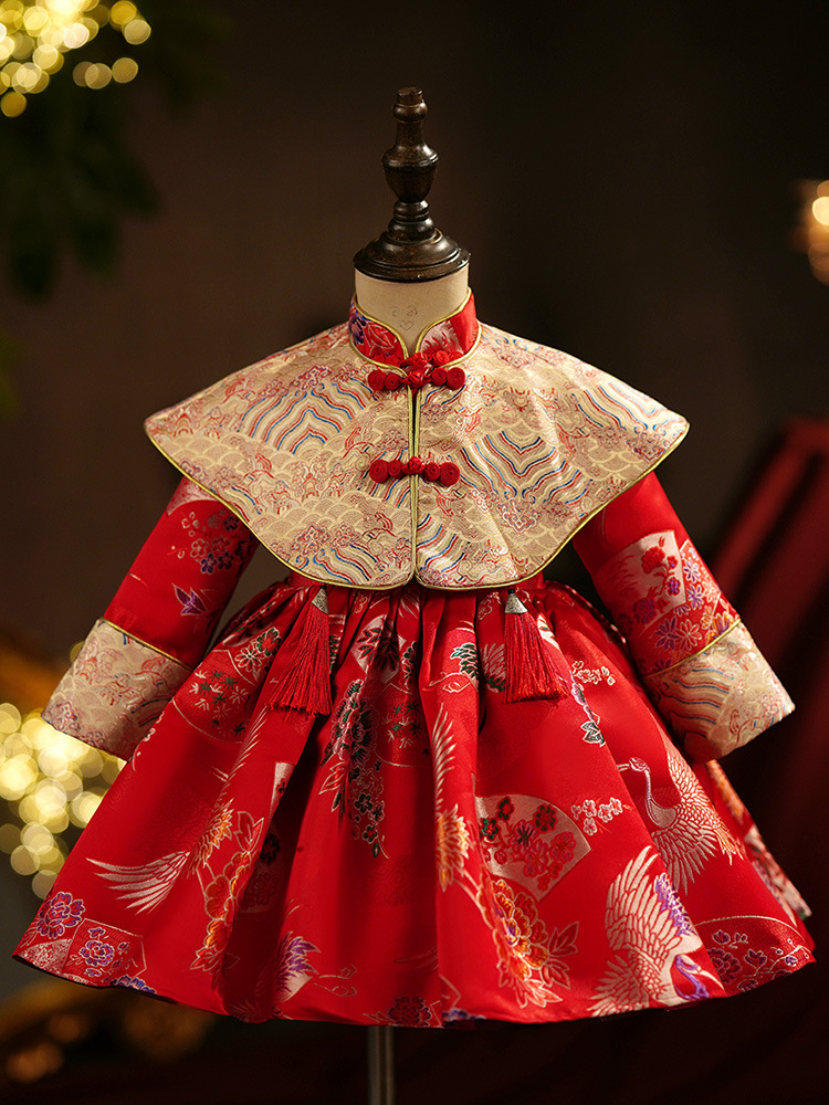 女宝宝周岁礼服儿童百日宴抓周红色中式国潮唐装旗袍公主裙秋冬季