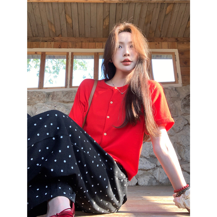 夏季设计感别致气质宽松短款开衫韩系chic红色短袖针织衫女装上衣