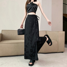 文艺提花个性半身裙优雅显瘦黑色半裙新中式国风一片式系带裹裙女