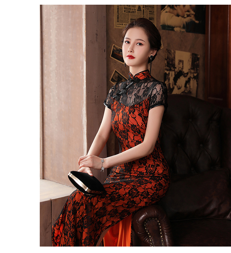 2021新款夜上海滩复古改良舞蹈旗袍蕾丝长款高开舞台走秀演出服