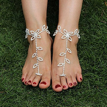 欧美流行饰品 个性叶子水钻连指脚链 夏季沙滩脚饰跨境配饰Anklet